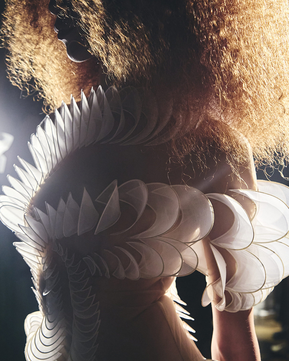 Iris van Herpen’s SS26 couture collection features a wedding dress crafted with Spiber’s innovative man-made protein. Photo: Molly SJ Lowe